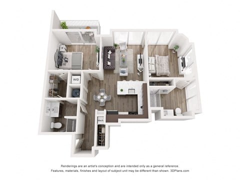 Floor plan for 2 beds, 2 baths, 988 sqft